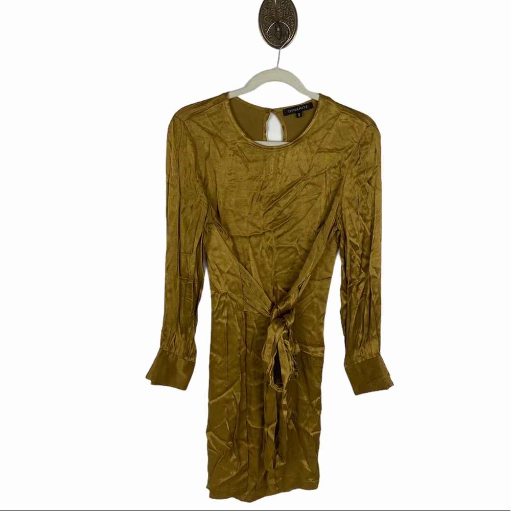 Dynamite Gold Shiny Silky Tie Front Dress Large
